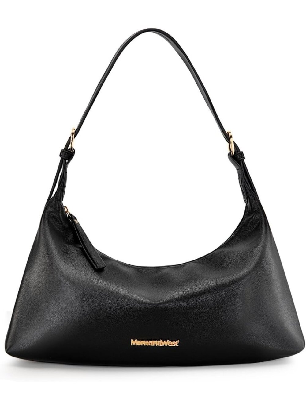 Women's Black Leather Trendy Clutch Shoulder Tote Handbag with Zipper Closure